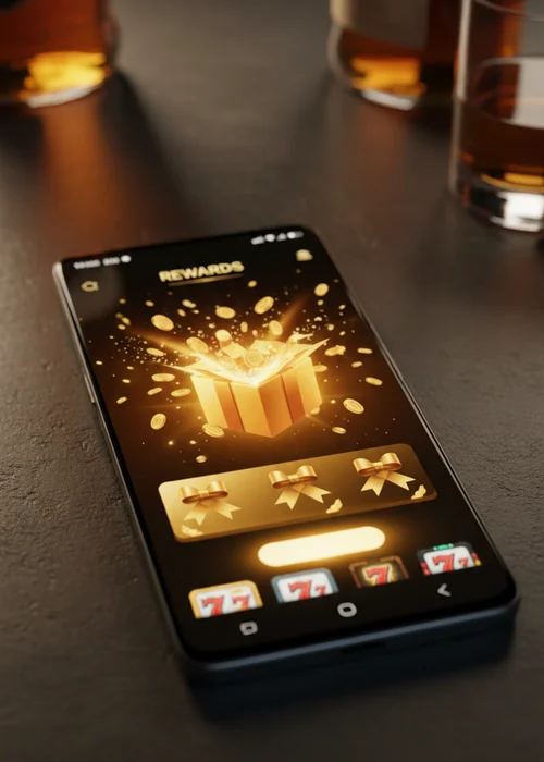 Joueur sur smartphone profitant des bonus de Jules Casino, avec des symboles de gains et de tours gratuits affichés à l'écran, illustrant l'expérience mobile optimisée.